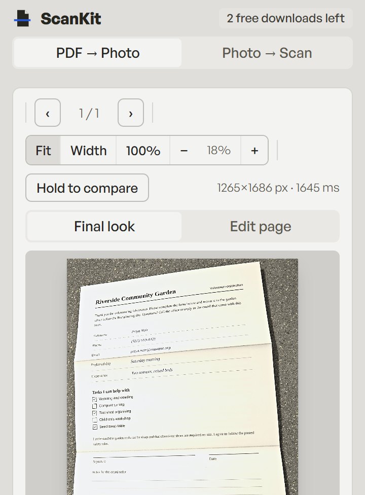 ScanKit on a phone: the PDF to Photo tab with the folded form in the preview