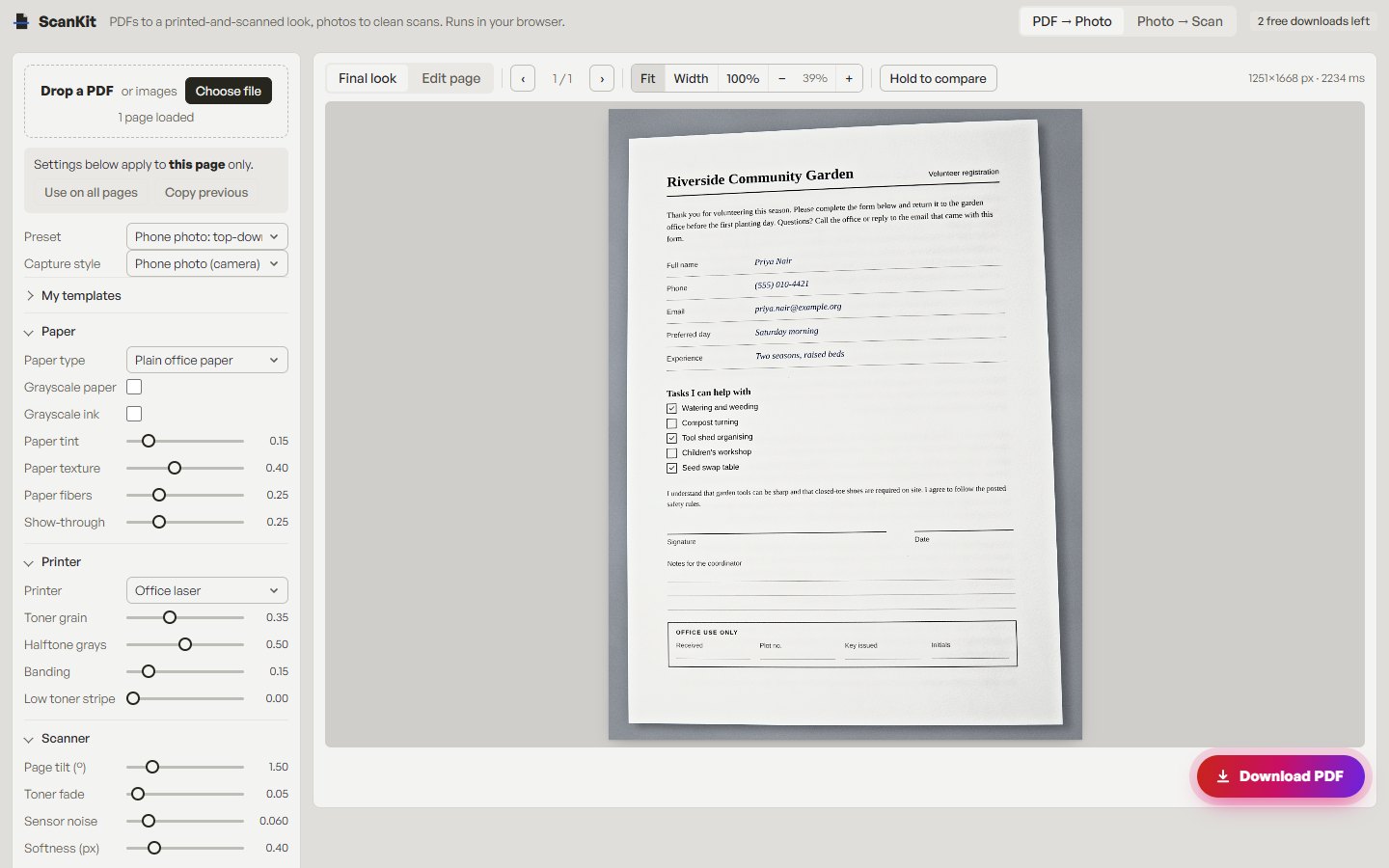 The ScanKit app with a rendered form